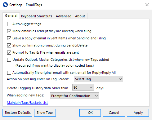 EmailTags Settings Screen